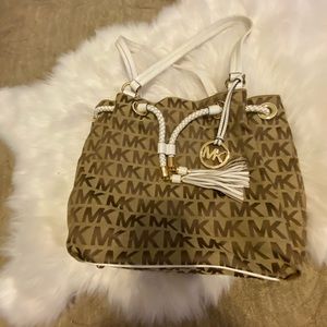 MK Monogrammed Brown and White Shoulder Bag